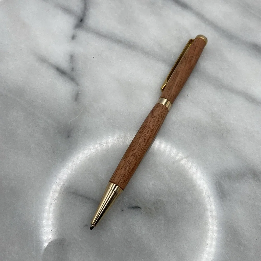 Elegant Slimline Handmade Wooden Ball Point Twist Blue Pen W/ Gold Plated Trim